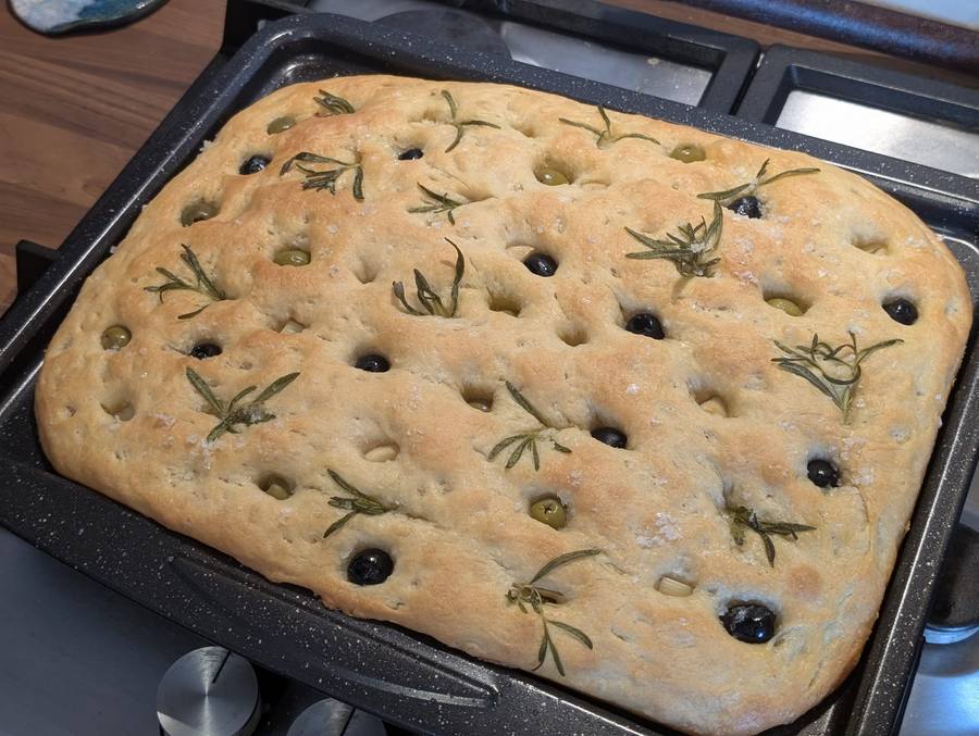 Rosemary and olive focaccia, fresh from the oven
